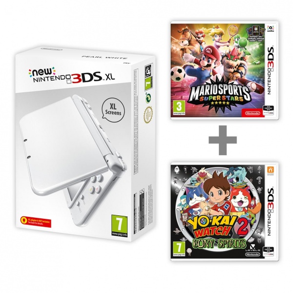 New Nintendo XL Pearl White+Mario Sports + YW2